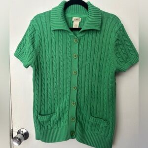 L.L.Bean Cotton Cable Knit Short Sleeve Collared Cardigan Womens X Large Green